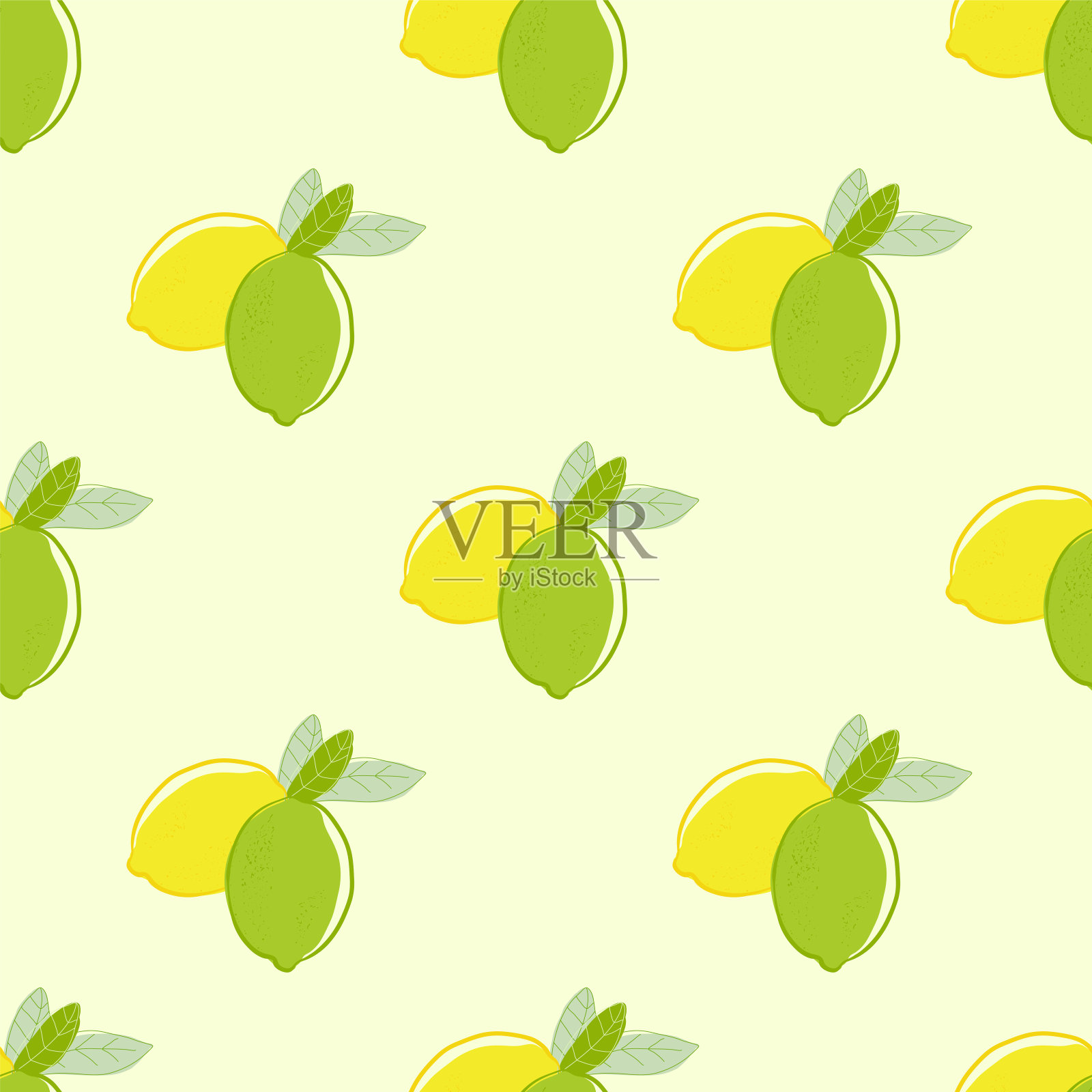 柠檬和酸橙的无缝图案，柑橘类水果与黄色的背景。向量和样本。插画图片素材