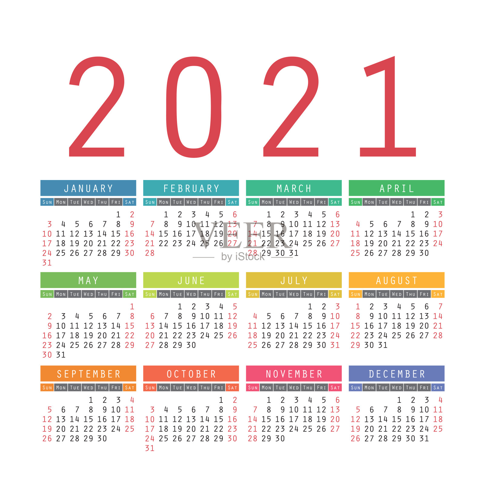 英语2021年日历。方形矢量压延机设计模板。一周从周日开始。新的一年设计模板素材