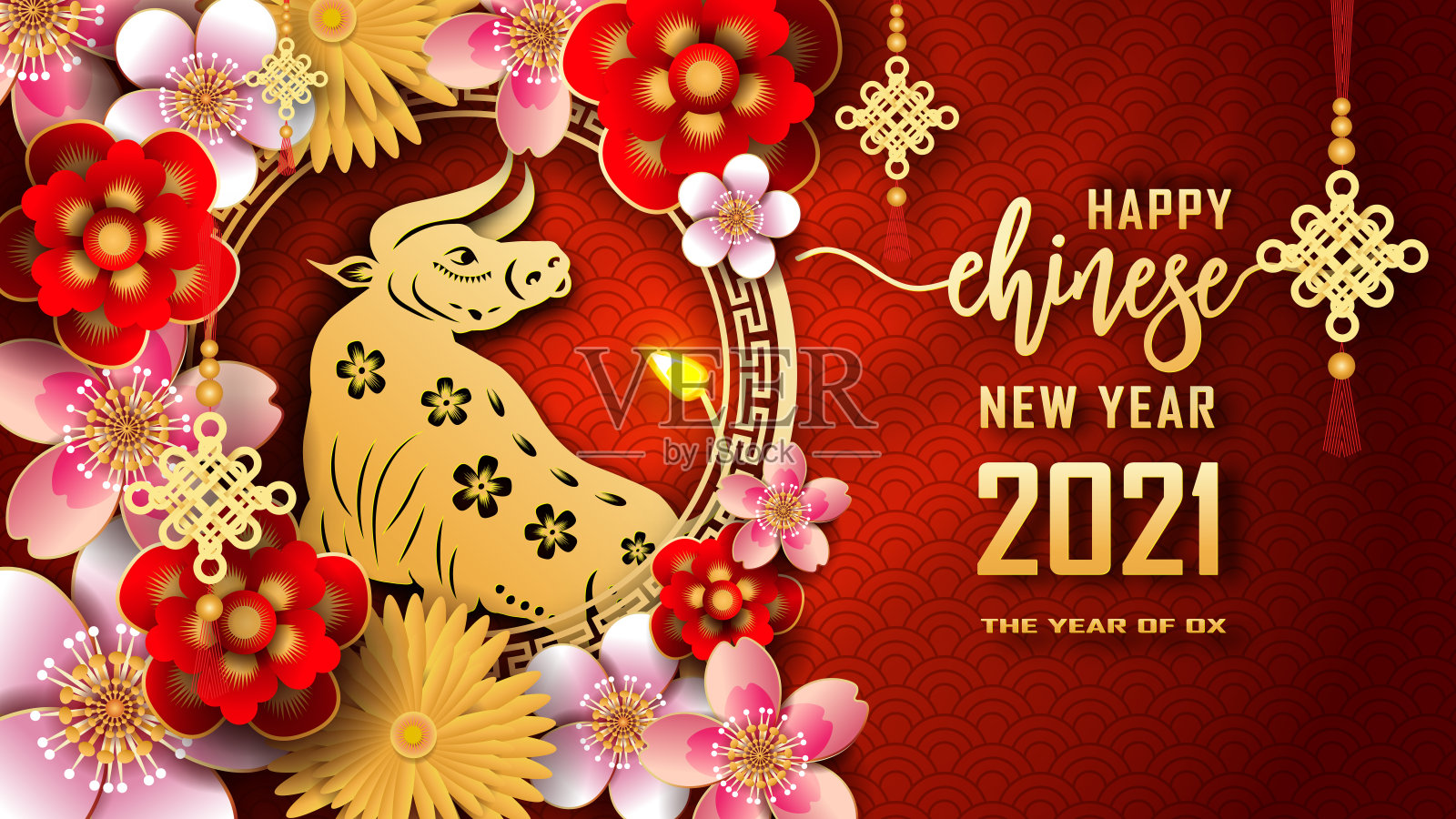 2021年春节快乐。牛年。中国新年吉祥贺卡图形设计背景和壁纸。红色和金色的纸剪梅花花。亚洲文化元素设计模板素材