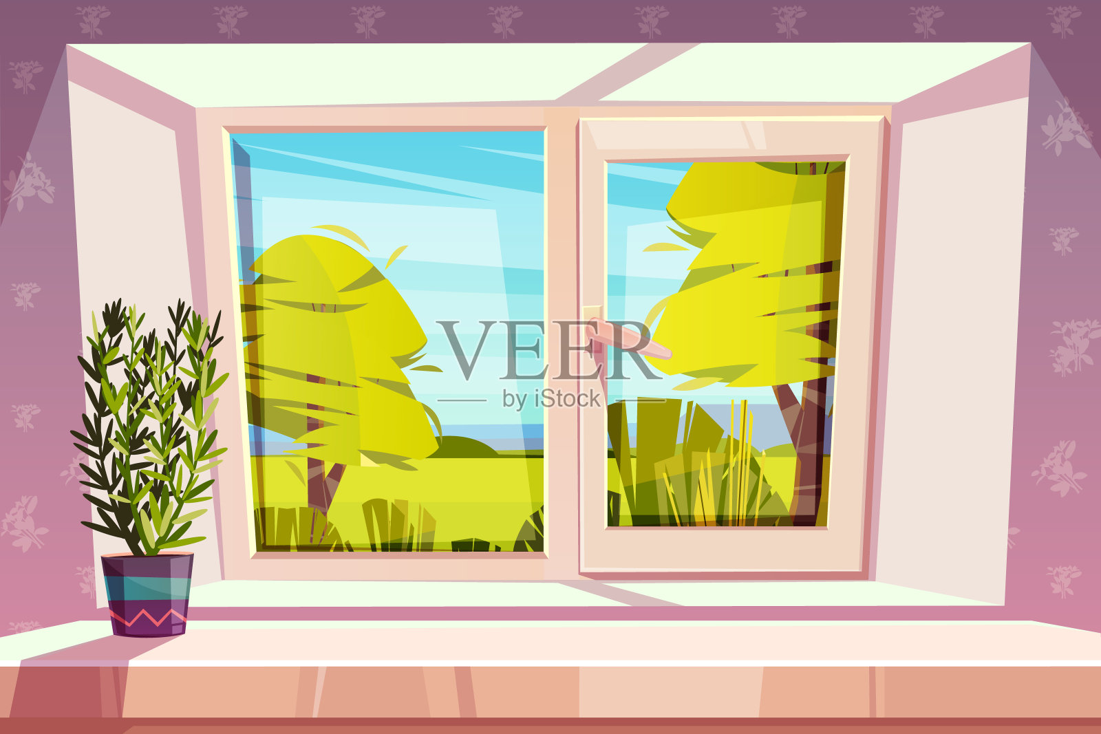 家窗与美丽的风景外向量插画图片素材