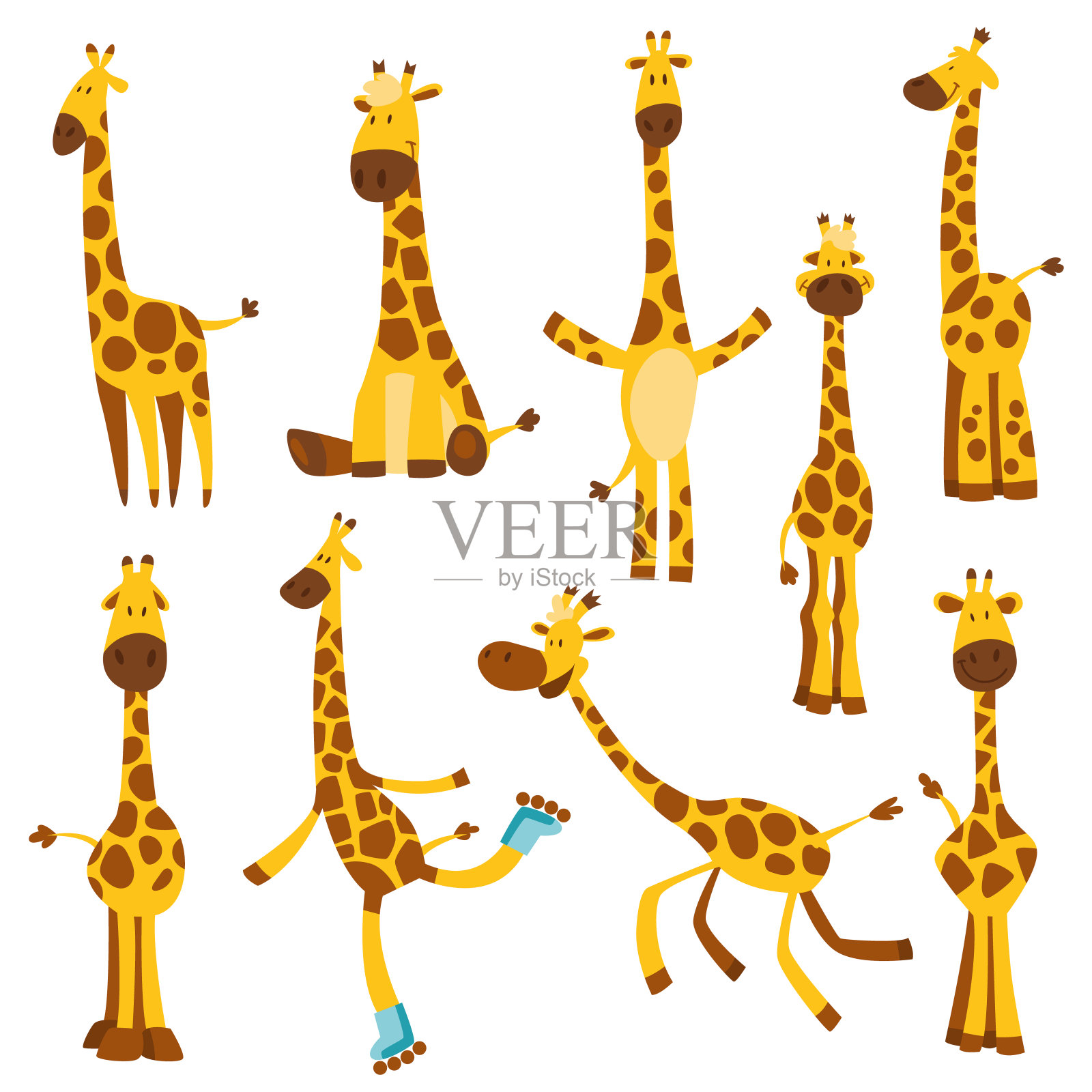 一组欢快有趣的长脖子长颈鹿。高度一米或贴墙米或贴墙米从0到150厘米以测量增长。儿童矢量图插画图片素材