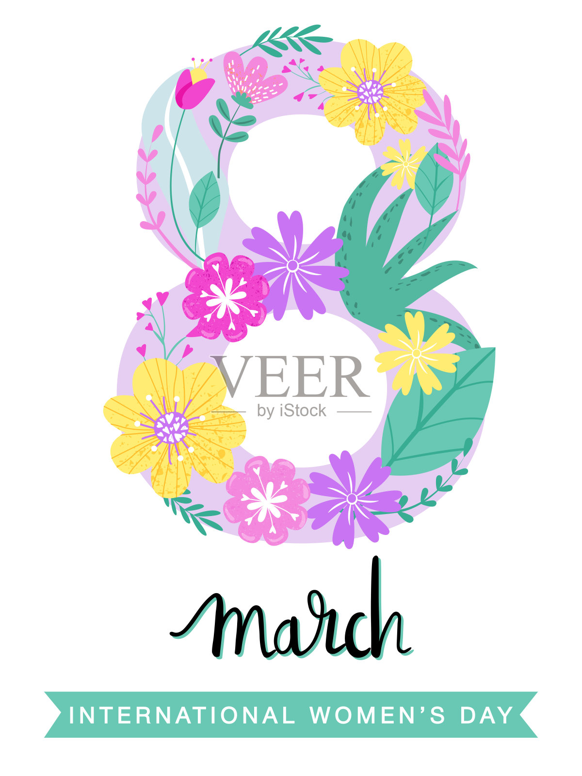 3月8日国际妇女节贺卡。形状有花，字母和叶子。插画图片素材
