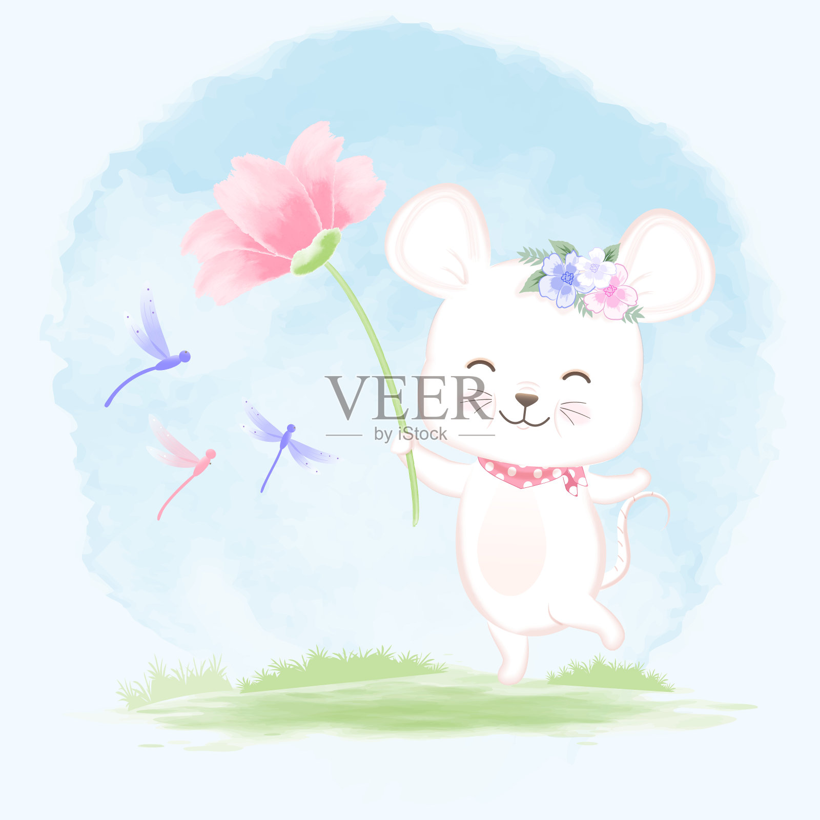 可爱的小老鼠抱花与蜻蜓手绘卡通水彩插图插画图片素材