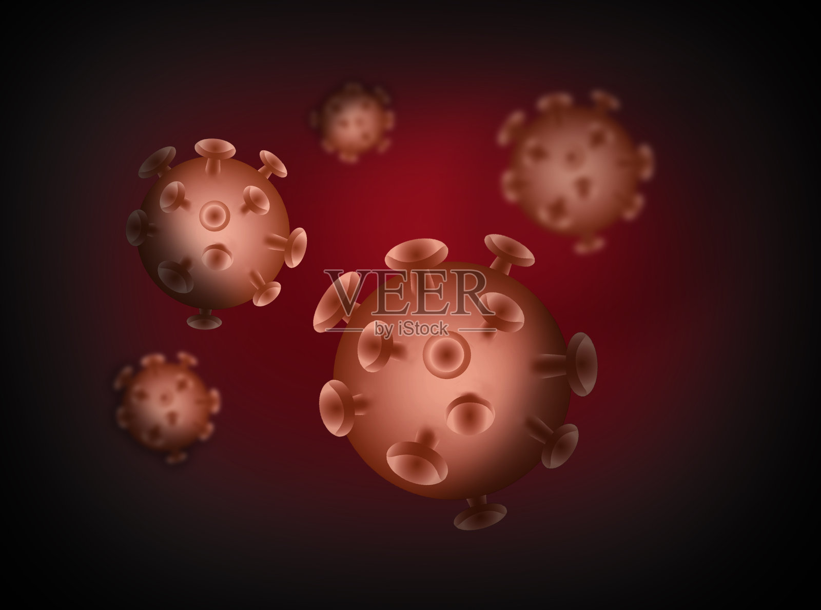 冠状病毒漂浮在显微镜下的三维解读。大流行或病毒感染概念的公共卫生风险疾病和流感爆发。概念插图形象。插画图片素材