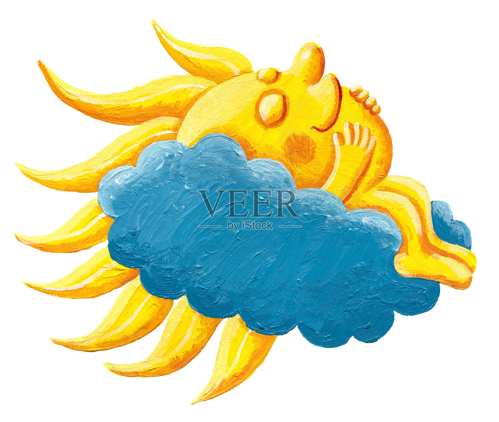 快乐的太阳睡在蓝色的云上插画图片素材