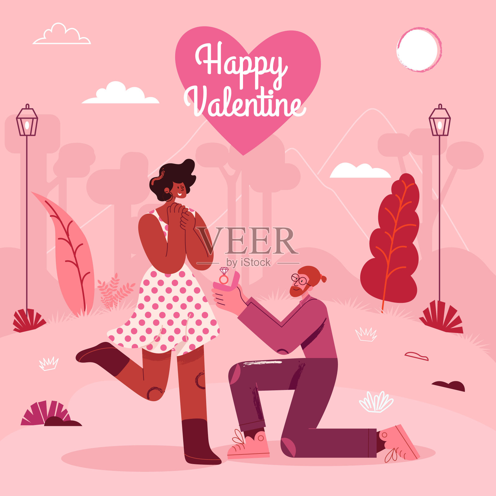 情人节贺卡。男子跪着向女友献上订婚戒指。现代平面风格矢量插图插画图片素材