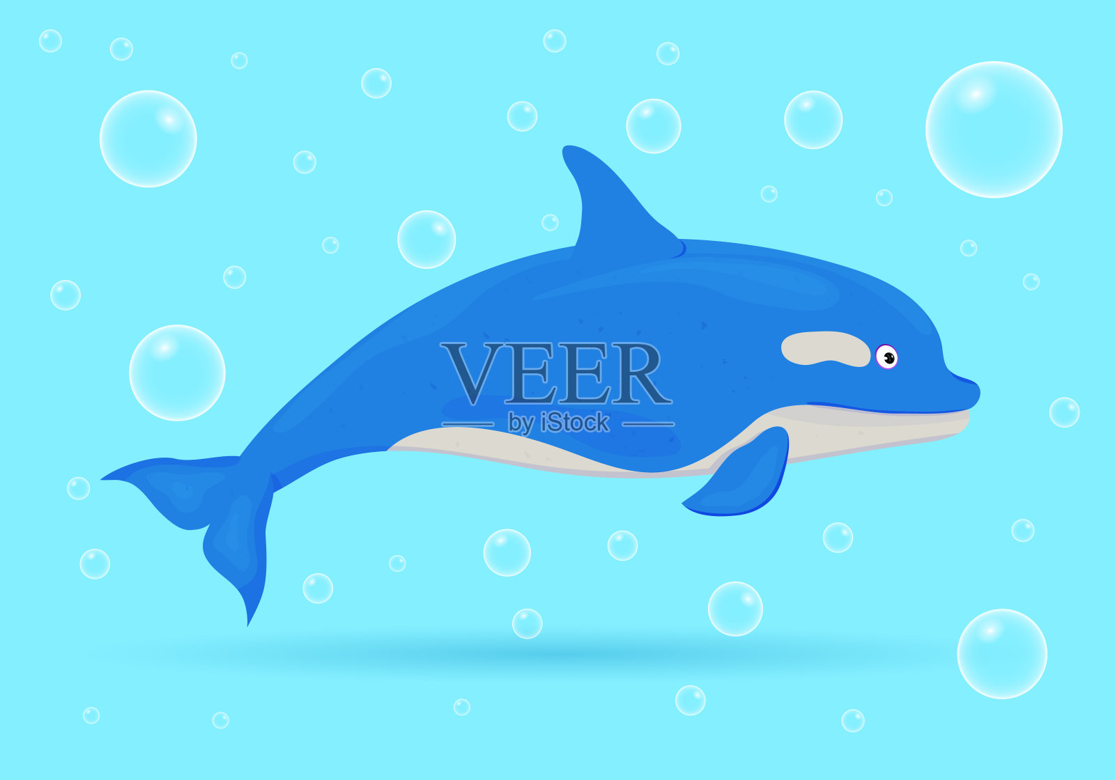 海豚在蓝色背景和气泡。海洋鱼类。水下海洋野生生物。矢量插图。插画图片素材