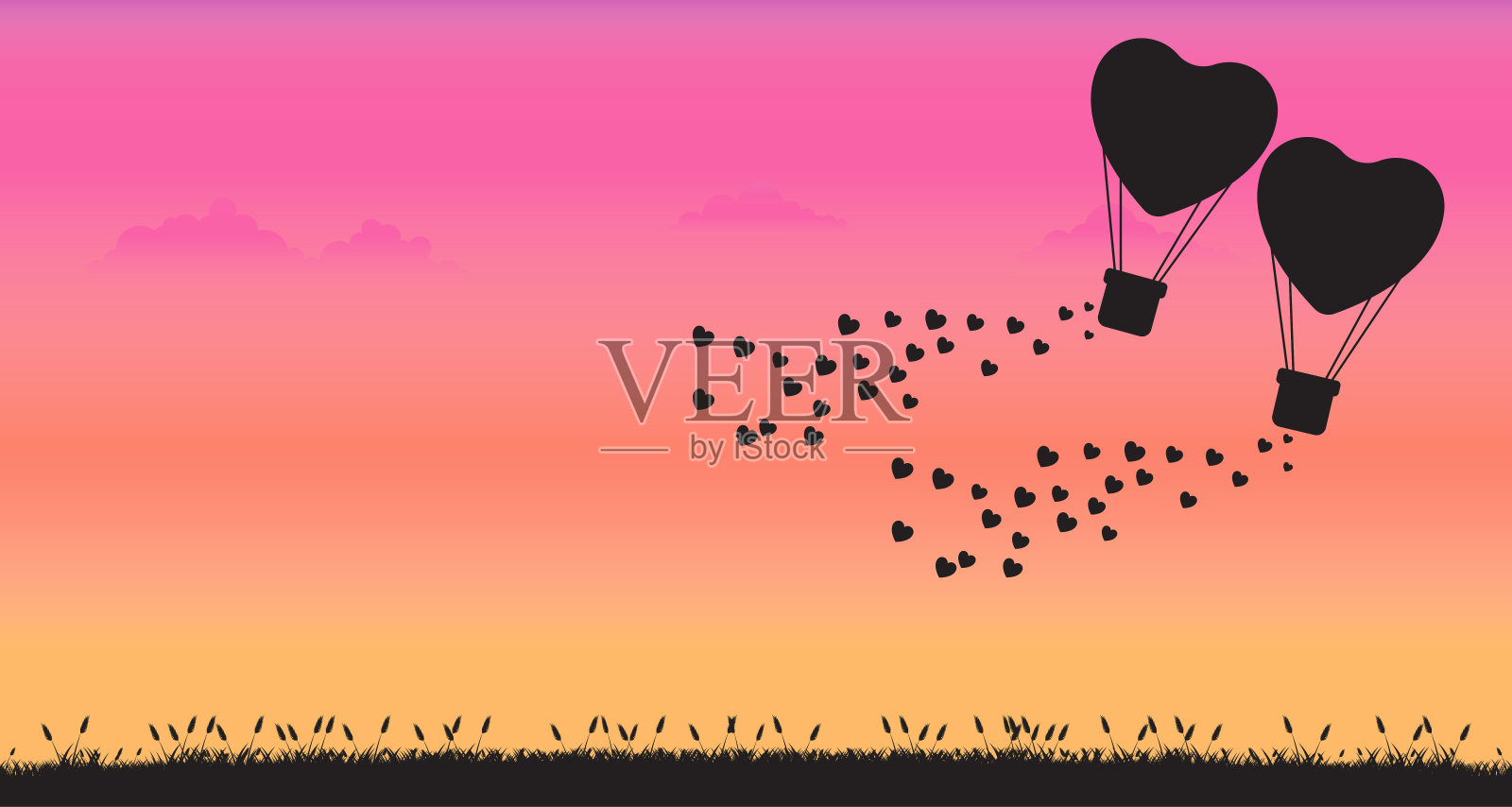 心形气球的剪影在夕阳的背景上飞翔插画图片素材