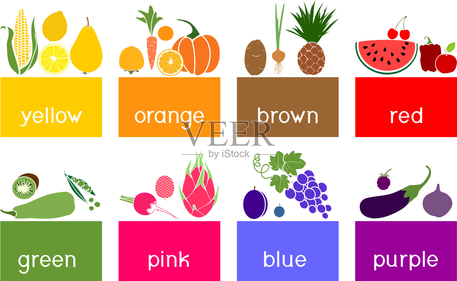 大套不同的成熟水果和蔬菜在平坦的风格孤立在白色的背景。蔬菜和水果按颜色分类插画图片素材