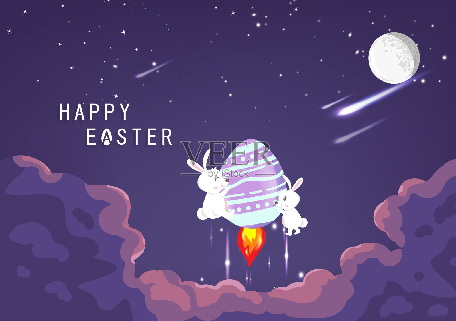 复活节快乐，可爱的兔子在天空中骑火箭蛋，天文探险概念，贺卡，卡通邀请海报背景矢量插图设计模板素材