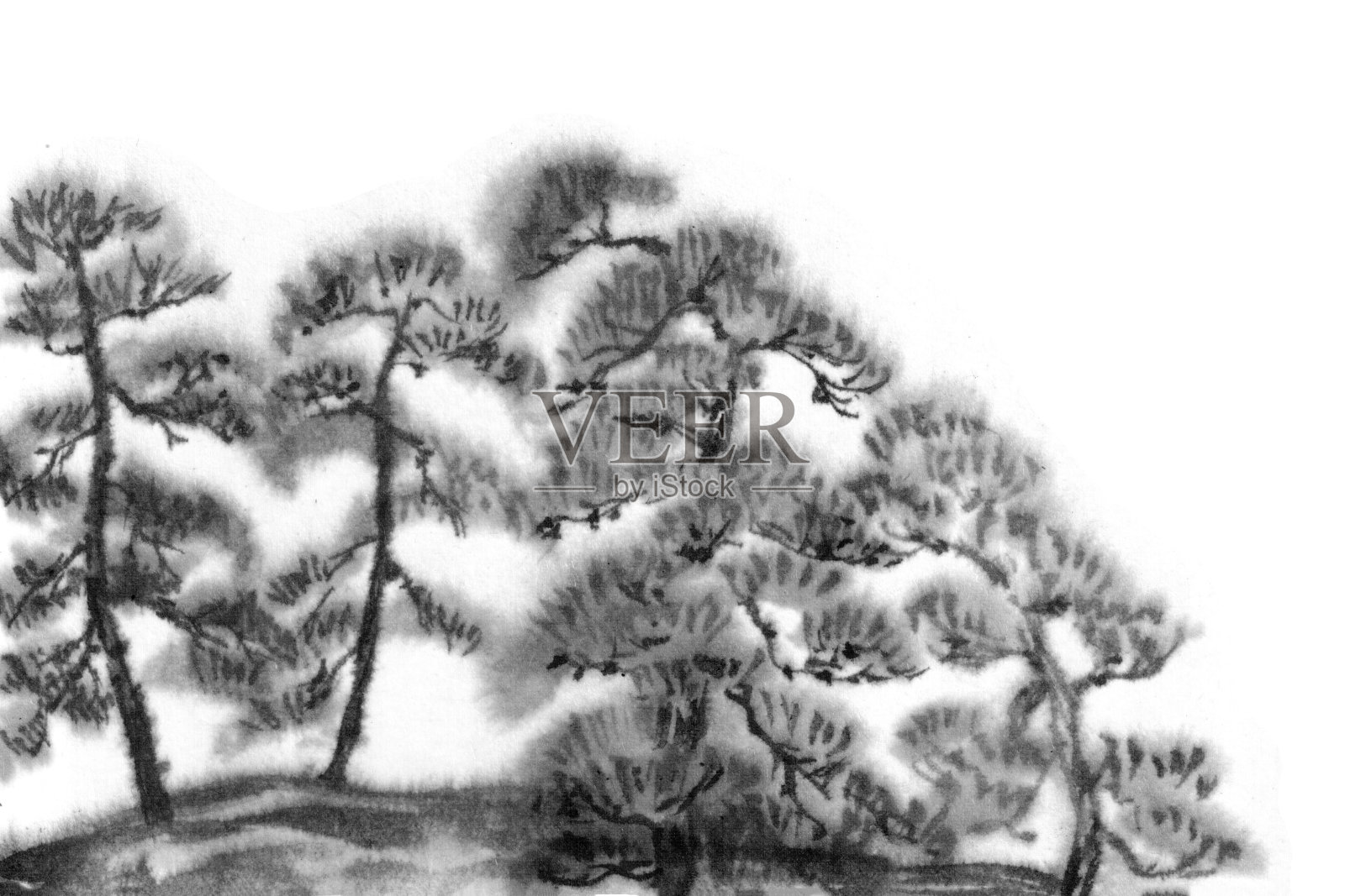 黑白图像。水墨中国山水。山在雾中。山上有树。墨水的形象。松树。山、山、峰、火山设计元素图片