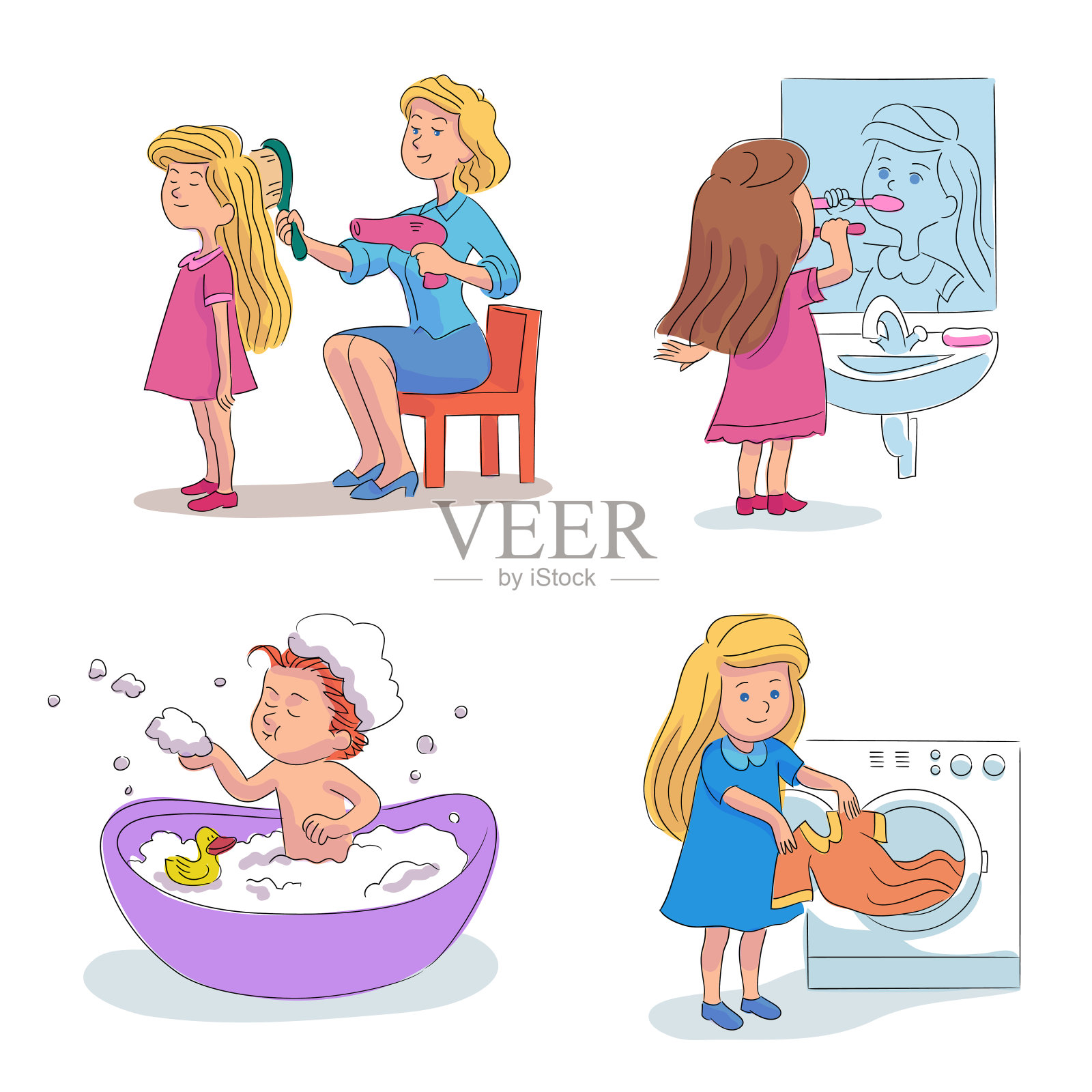 女孩日常卫生活动卡通场景设置插画图片素材