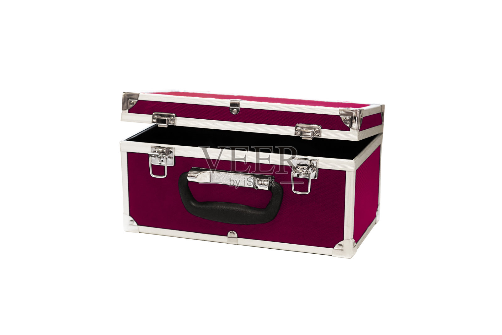 打开铝紫罗兰现代手提箱孤立在一个白色的背景。箱子，金属盒子，盒子，棺材照片摄影图片