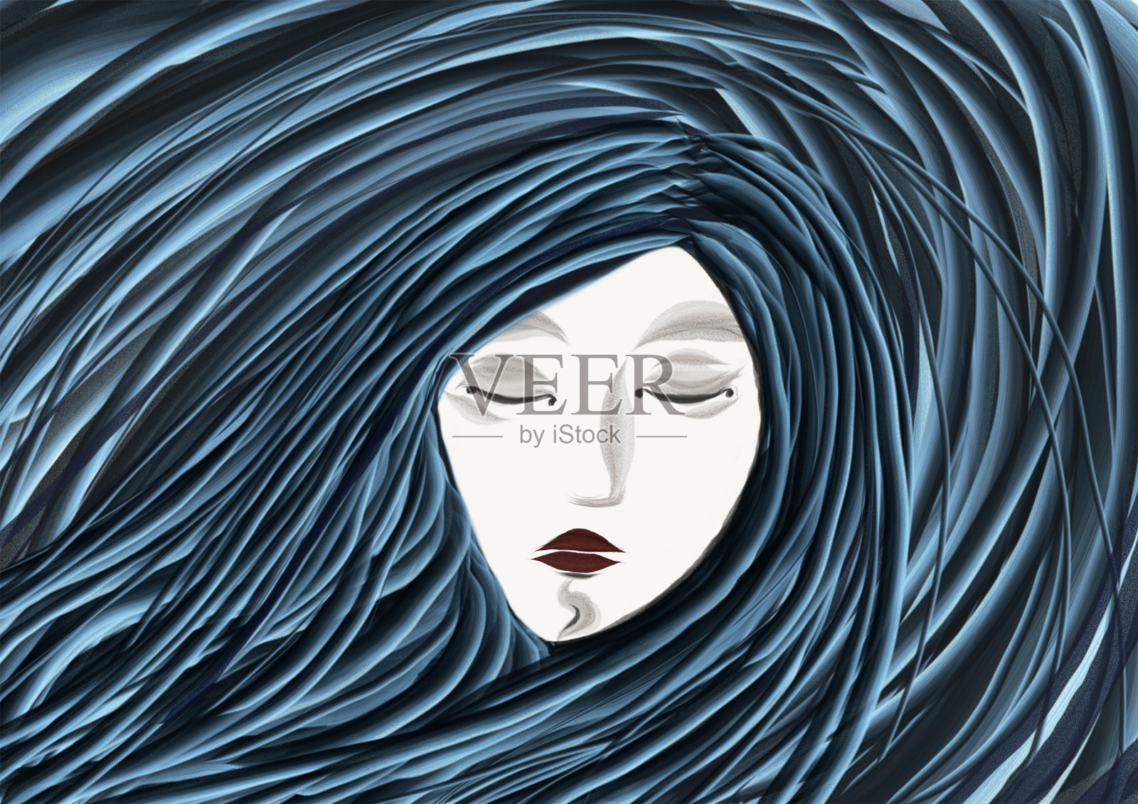 蓝色头发和红色嘴唇的熟睡女人的肖像插画图片素材