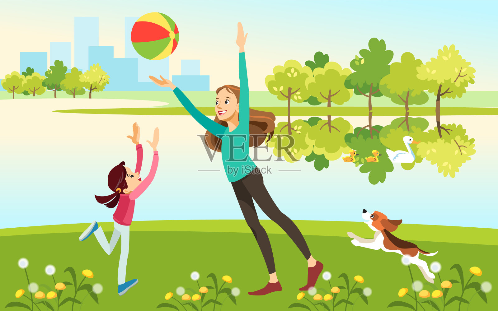 妈妈和女儿在公园的湖边玩球。母亲的概念，孩子的养育。矢量插图卡通风格。插画图片素材