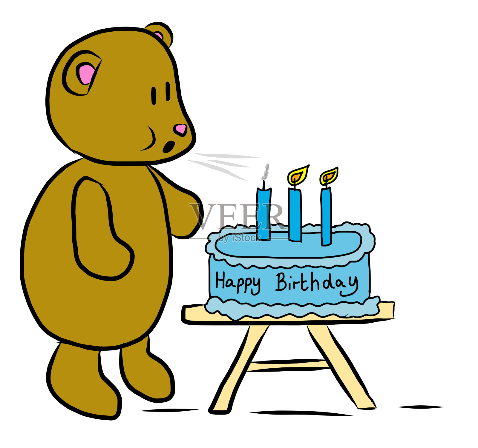 泰迪熊吹灭生日蛋糕上蜡烛的插图设计元素图片