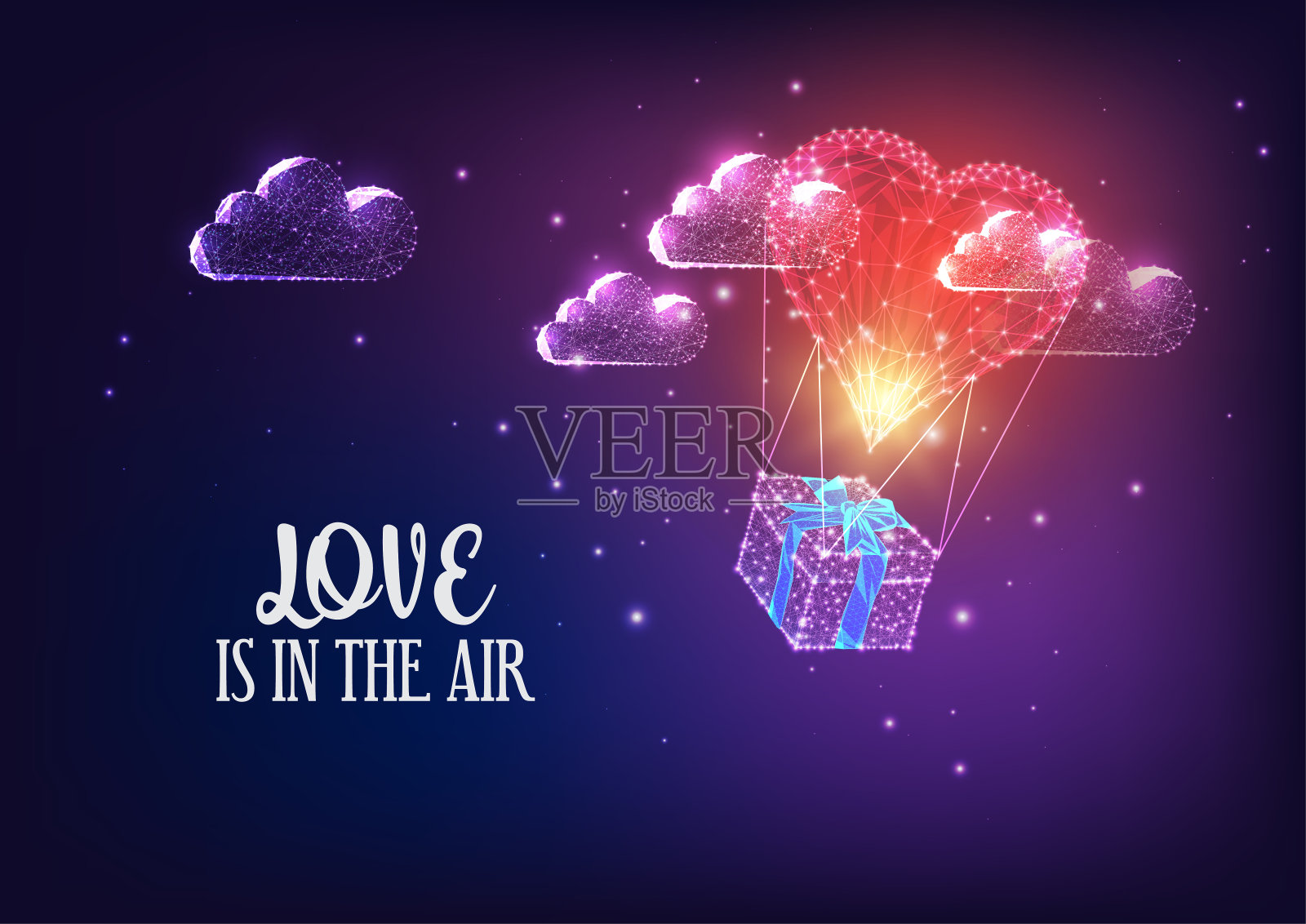 情人节贺卡与飞行心形的热气球、礼盒和云朵插画图片素材