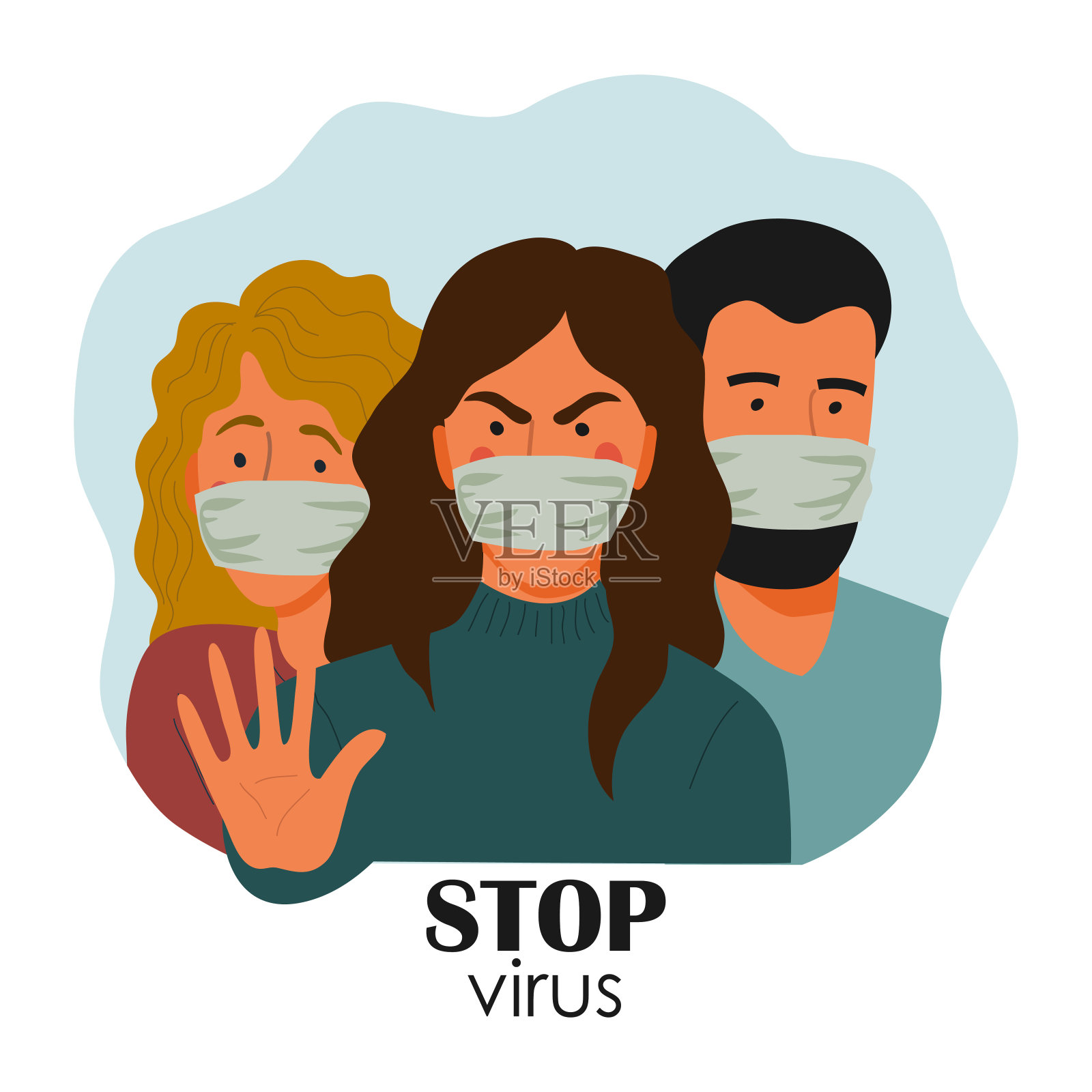 新型冠状病毒，人们戴着白色医用口罩。冠状病毒检疫的概念。向量插画图片素材
