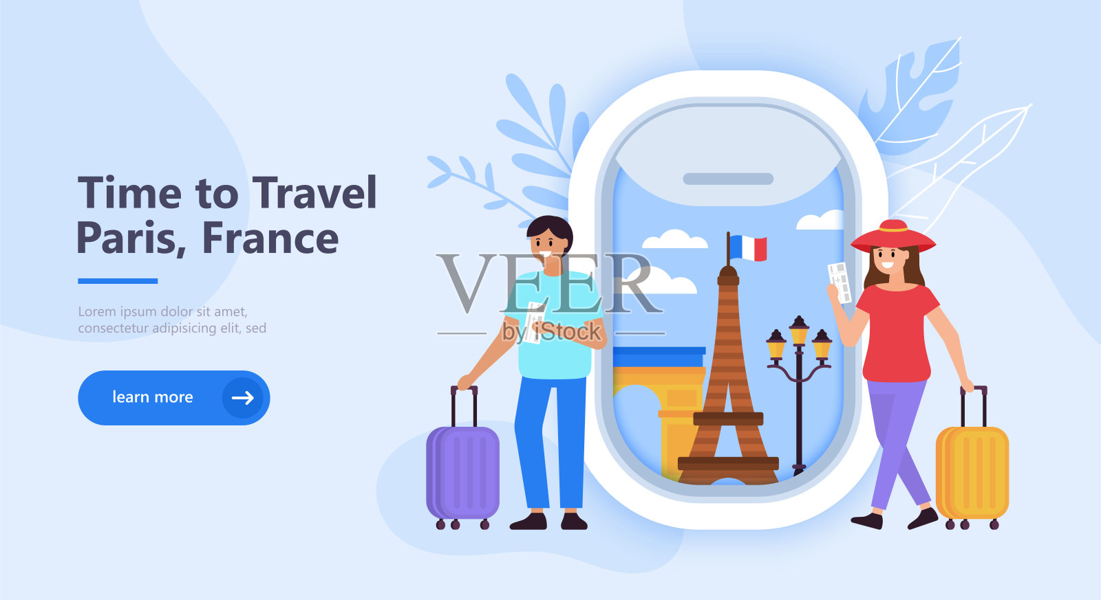 旅行到巴黎，法国的概念与地标，旅游人物和飞机窗口。平面卡通矢量插图设计模板素材