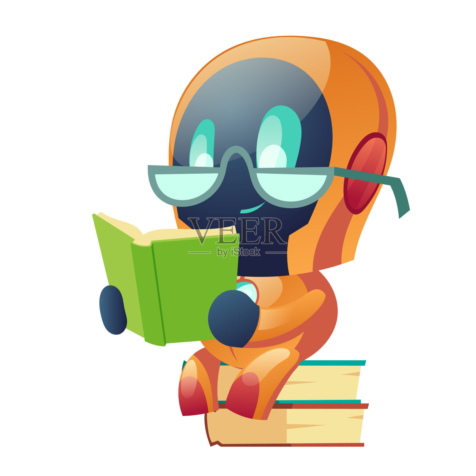 戴眼镜的机器人在图书馆看书，剪贴画插画图片素材
