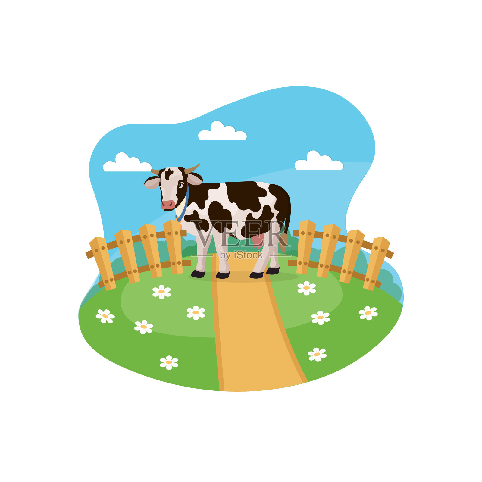 奶牛在长满雏菊的草地上吃草。设计元素图片