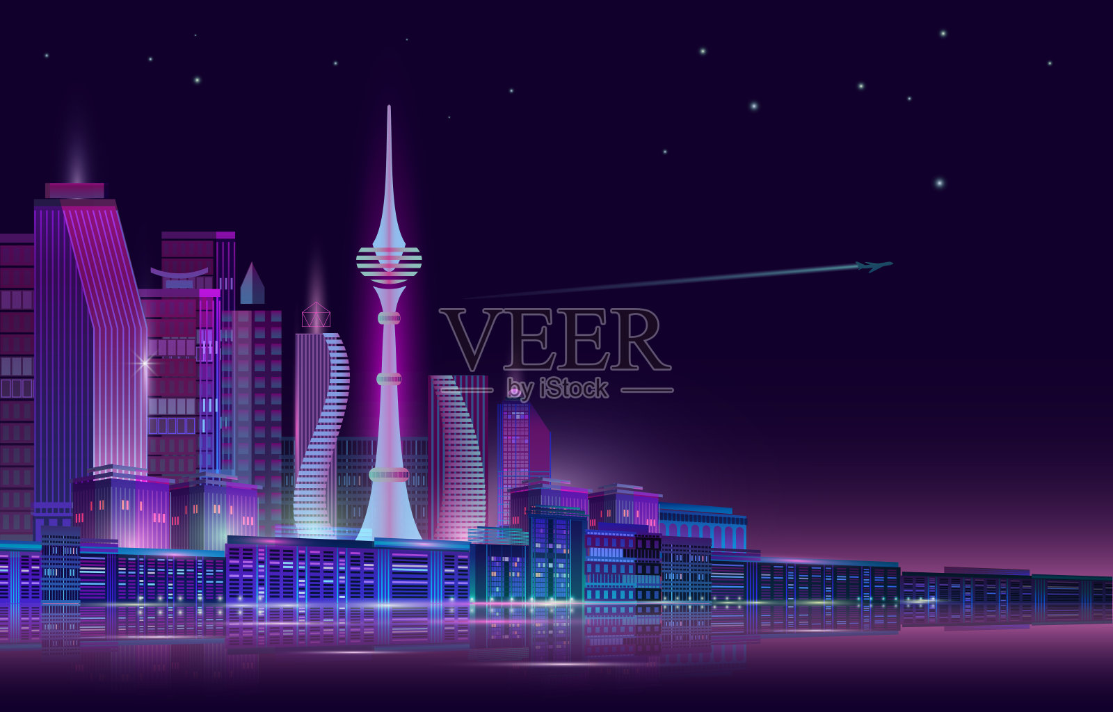 夜晚的城市全景与霓虹灯在紫色的背景。向量。插画图片素材
