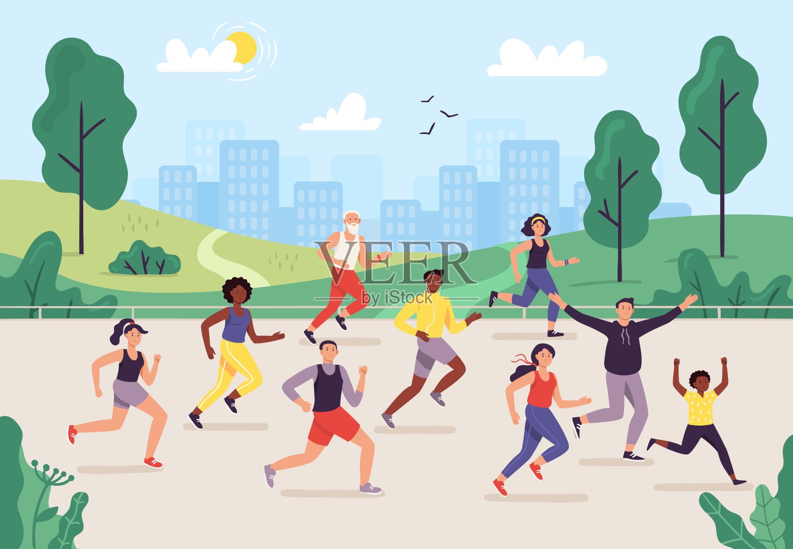 公园的马拉松。人们在户外跑步，慢跑和运动的生活方式。慢跑矢量图插画图片素材