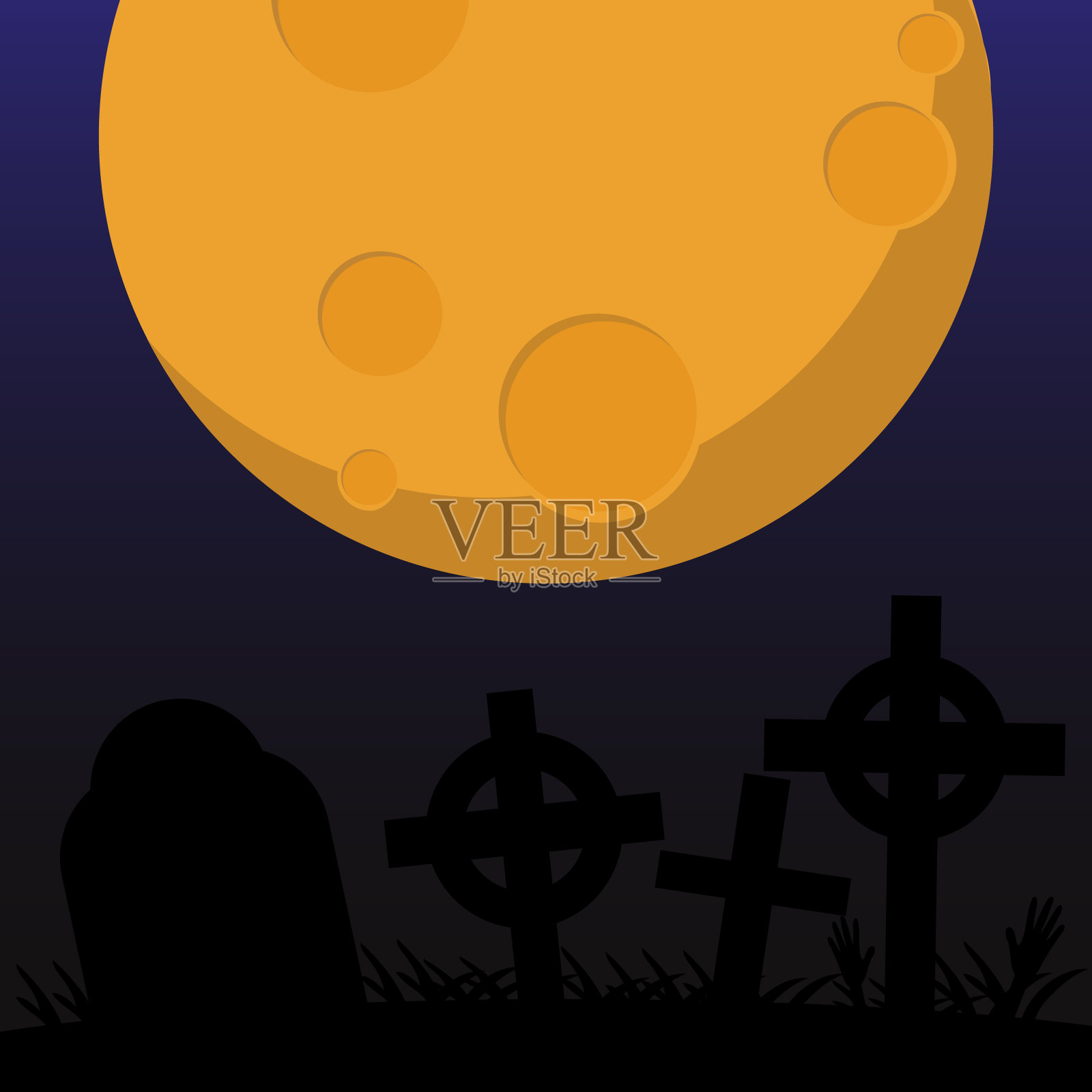 万圣节的夜晚有月亮和十字架，月亮照在坟墓和十字架上。平面设计。插画图片素材