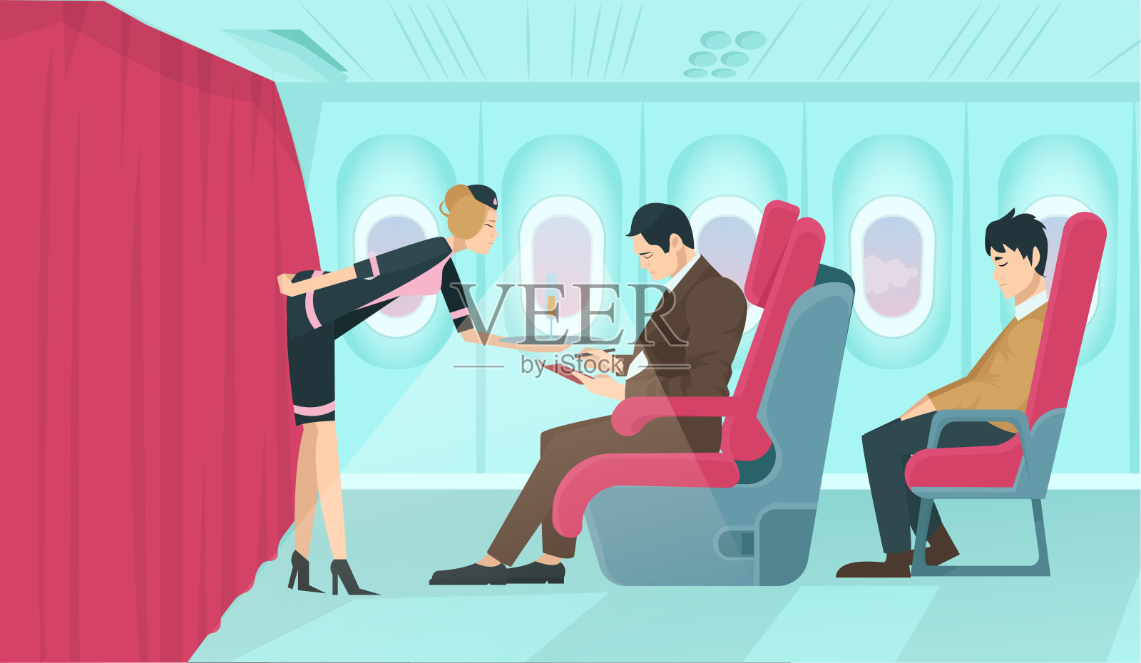 一名空乘人员给坐在舒适扶手椅上的头等舱乘客提供饮料，经济舱乘客挤在飞机后面。插画图片素材