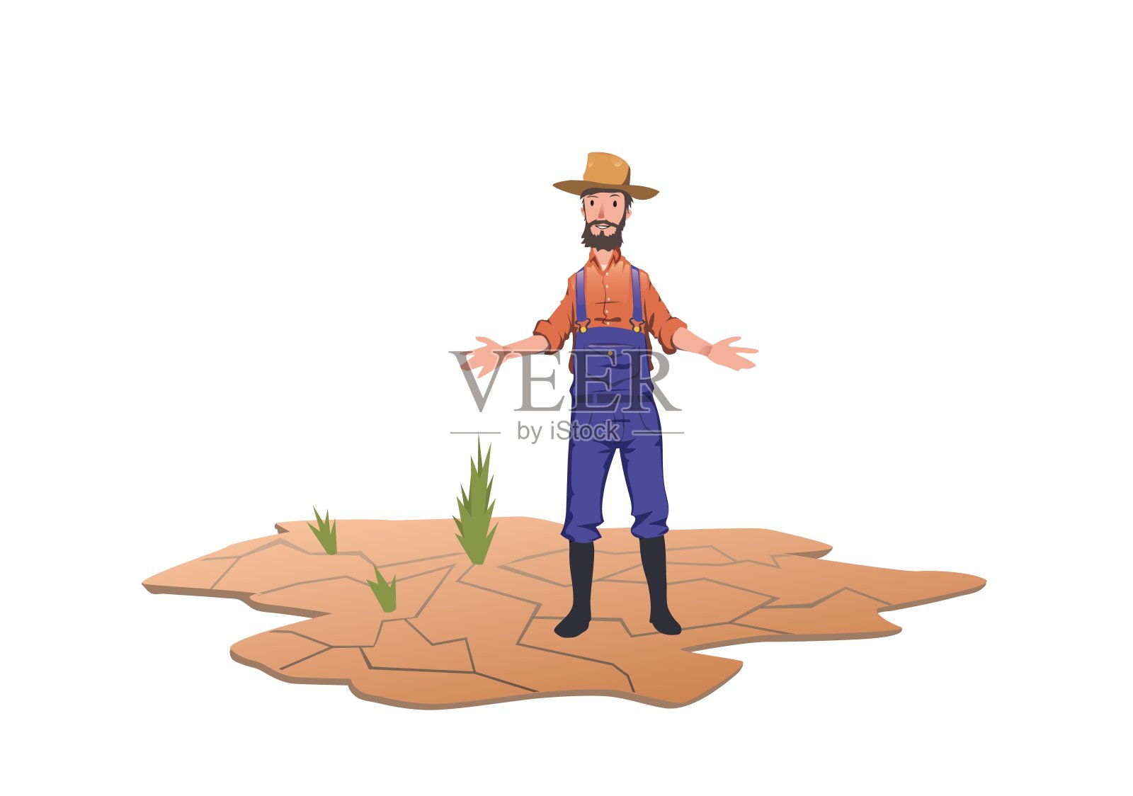 一个农民站在一片干燥的土地上的绿色嫩芽旁边。干旱的概念，全球变暖，缺水，灌溉。矢量插图，孤立在白色背景上。设计元素图片