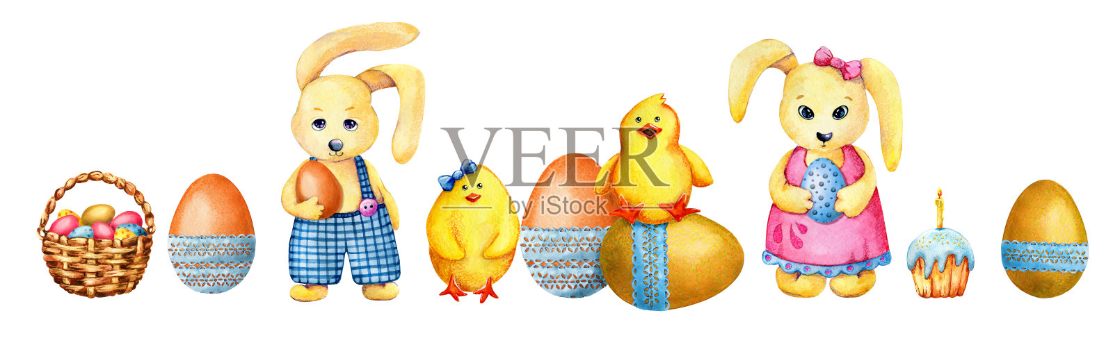 复活节卡通兔子、小鸡和彩绘蛋。手水彩插图孤立的白色背景。水平边界为设计的丝带，模板，明信片，横幅，祝贺。插画图片素材