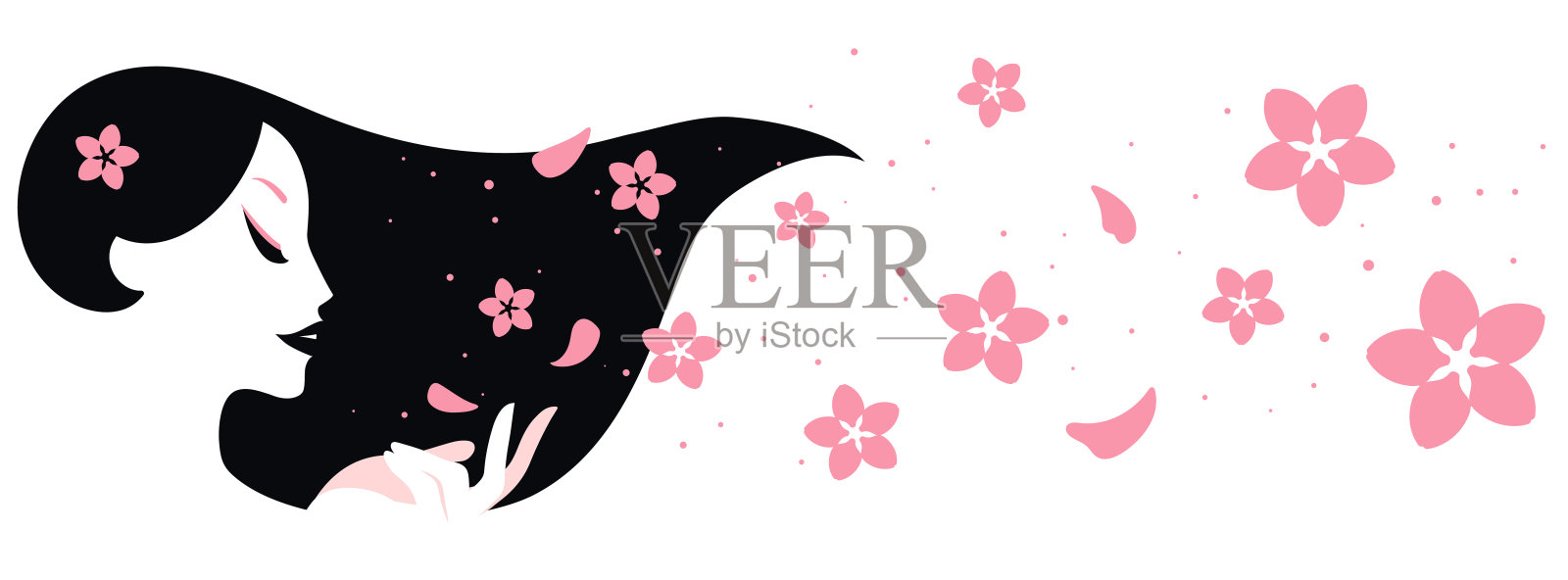 一个年轻女孩的脸上挂着粉红色的樱花。樱花盛开的季节。樱花在日本。矢量插图。插画图片素材