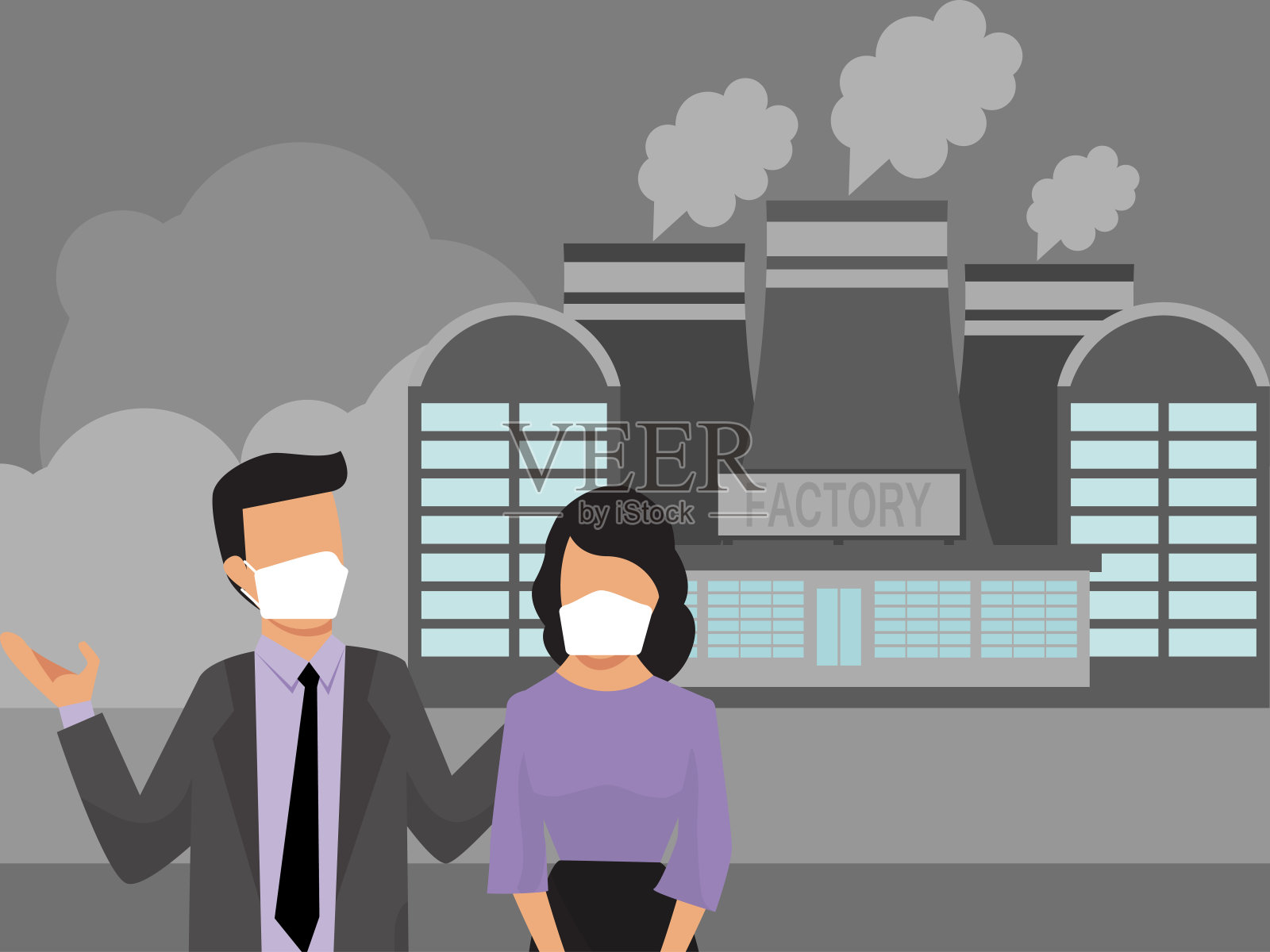 戴着口罩的人们在工厂烟雾污染的背景下。工业空气烟雾污染和城市居民。佩戴医用防护口罩的城市居民插画图片素材