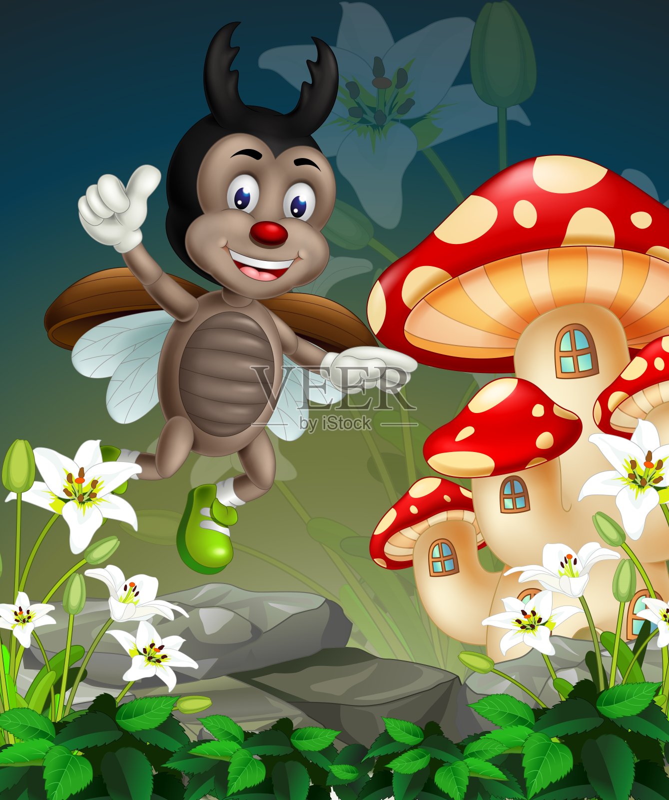 在岩石顶部飞行的棕色甲虫与蘑菇建筑和白色常春藤花插画图片素材