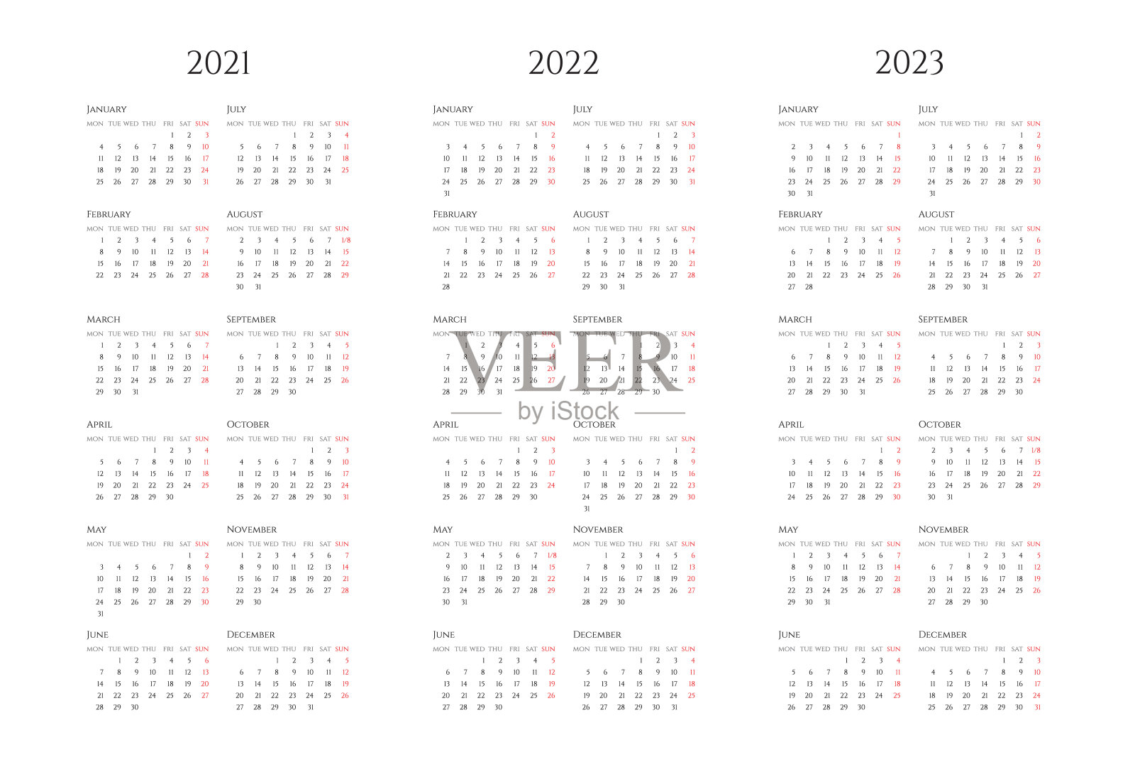 年历平面矢量插图集。2021年、2022年和2023年的组织者模板。商业策划师色彩设计。基本网格与文本和数字在黑色背景。设计模板素材