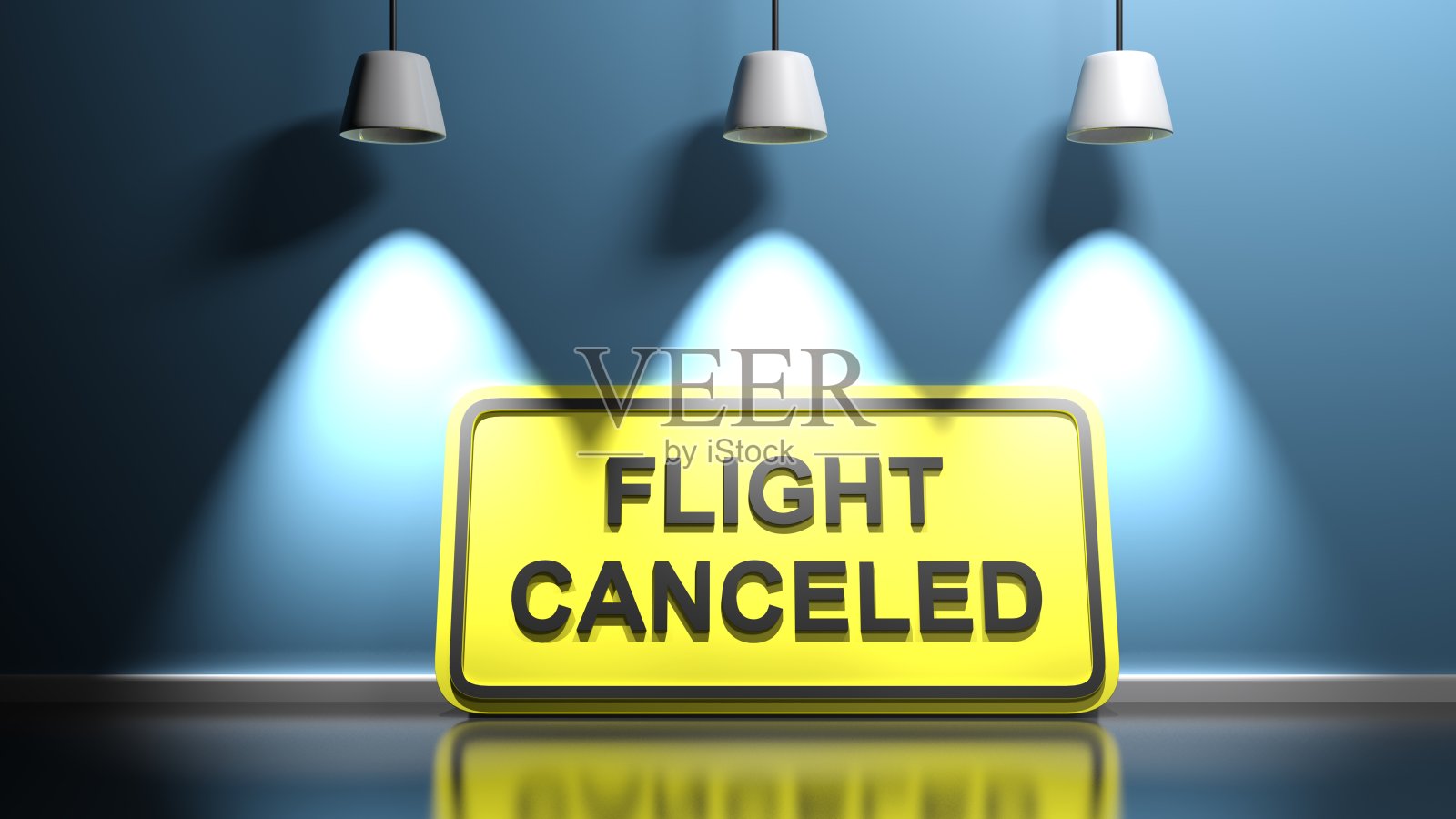 航班取消黄色标志在蓝色照明墙- 3D渲染插图照片摄影图片