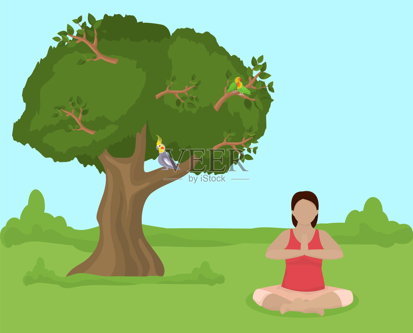 沉思的年轻女子坐在莲花瑜伽的位置上自然母体插画图片素材
