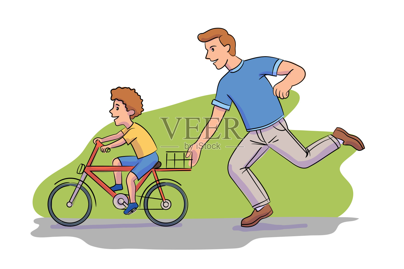 父亲在院子里教儿子骑自行车插画图片素材