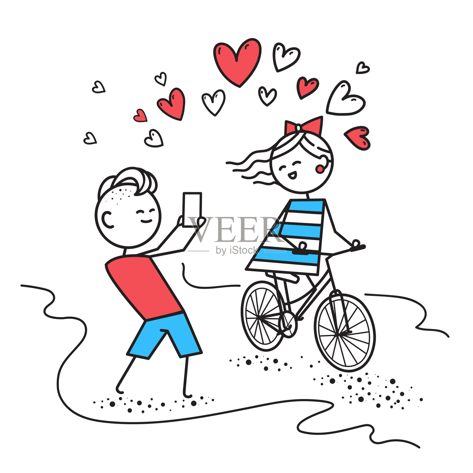 女孩骑着自行车微笑，而男孩给女孩拍照插画图片素材
