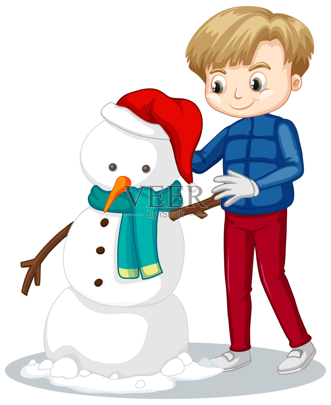 快乐的男孩在白色的背景上堆雪人设计元素图片