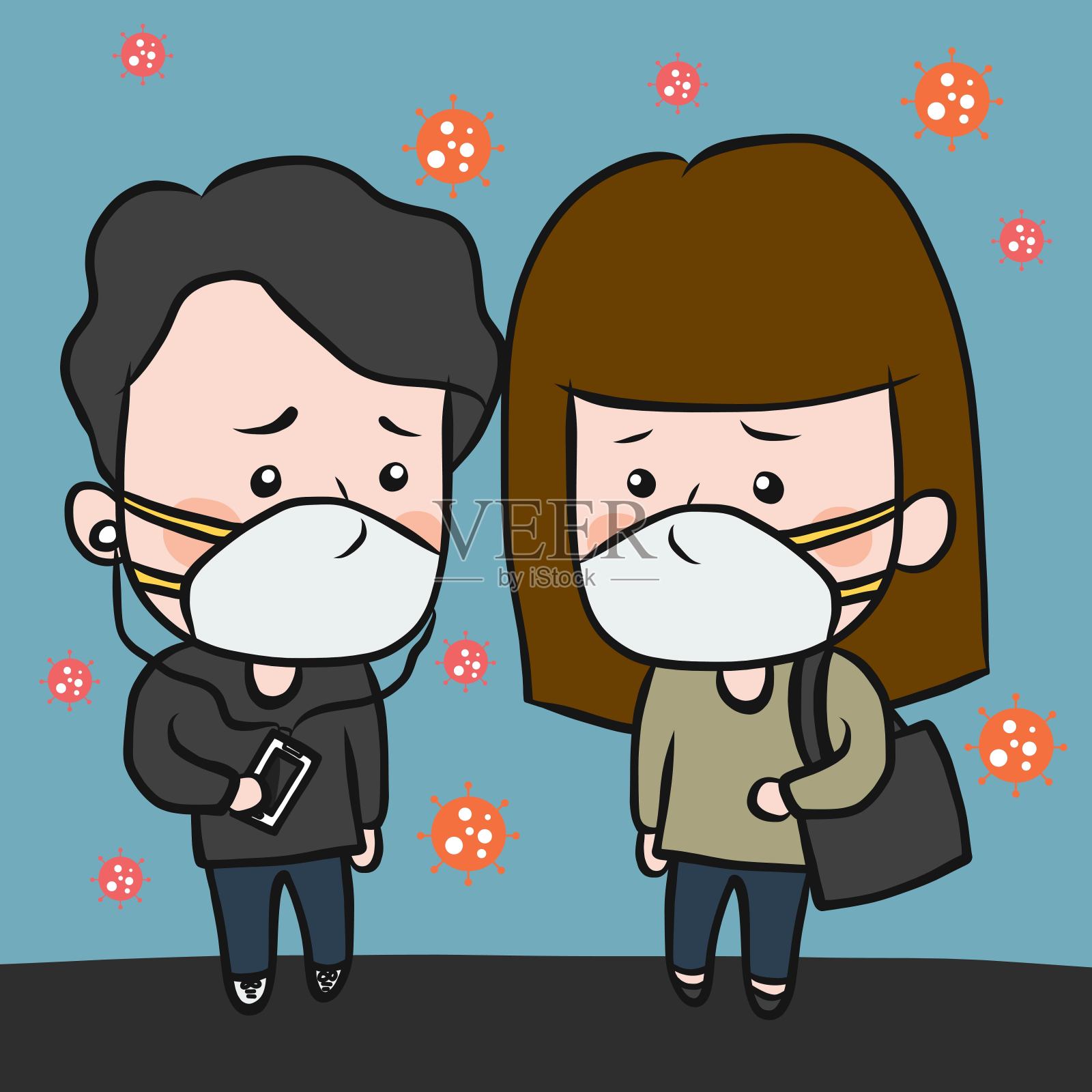 成人佩戴防护口罩以保护病毒的卡通矢量插图插画图片素材