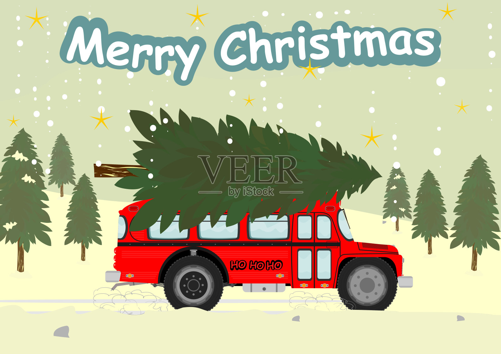 公共汽车和圣诞树插画图片素材