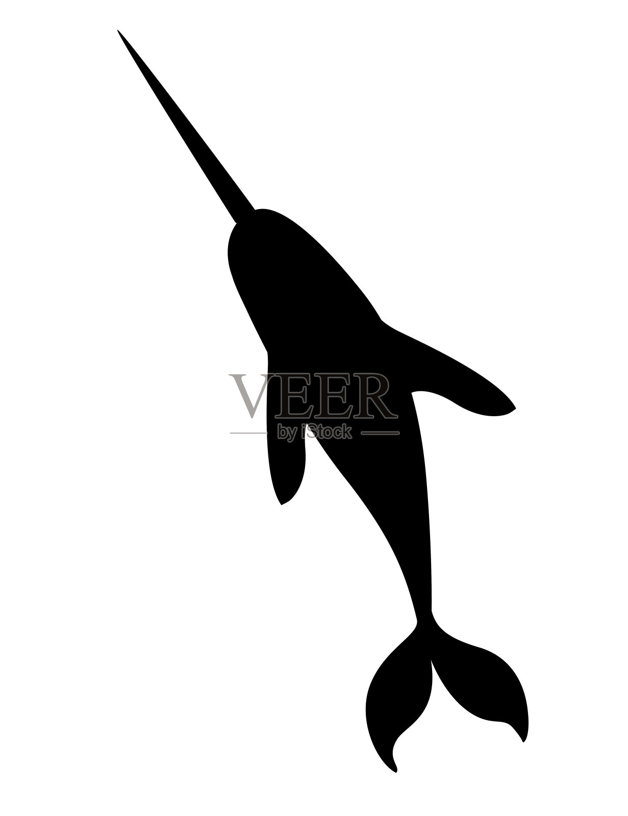 黑色剪影独角鲸(Monodon monoceros)齿鲸与象牙卡通海洋人物设计平面矢量插图孤立在白色的背景设计元素图片