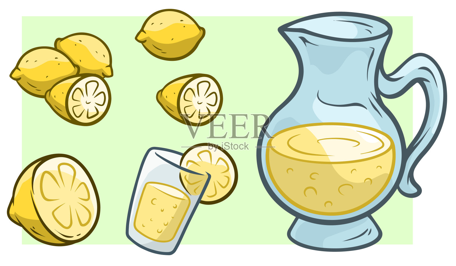 卡通壶与新鲜柠檬水和柠檬设计元素图片