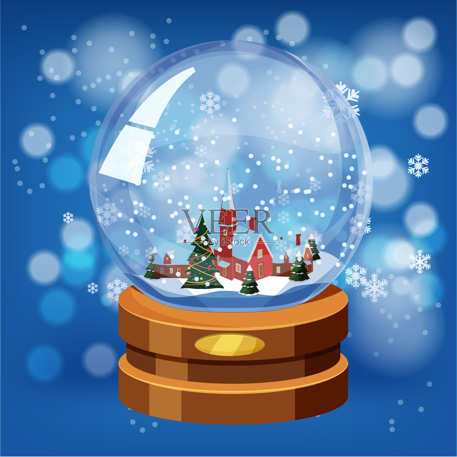 圣诞快乐，有小房子和雪下的枞树的雪花玻璃球。新年礼物。矢量，隔离，卡通风格，横幅插画图片素材