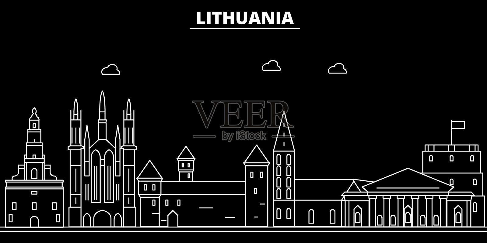 立陶宛轮廓天际线，向量城市，立陶宛线性建筑，建筑。立陶宛线旅行插图，地标平面图标，立陶宛轮廓设计横幅插画图片素材