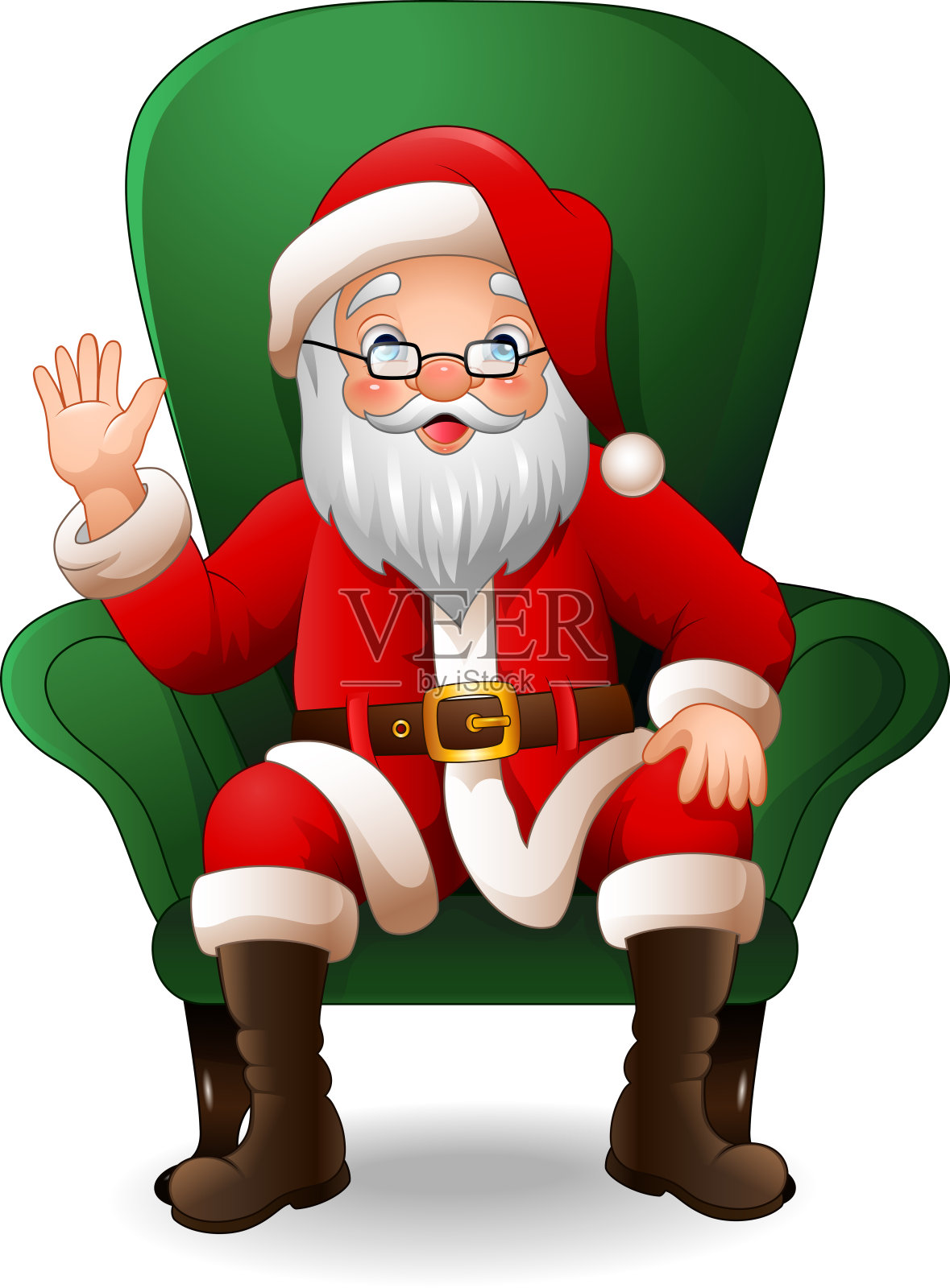 卡通圣诞老人坐在绿色扶手椅上的白色背景设计元素图片