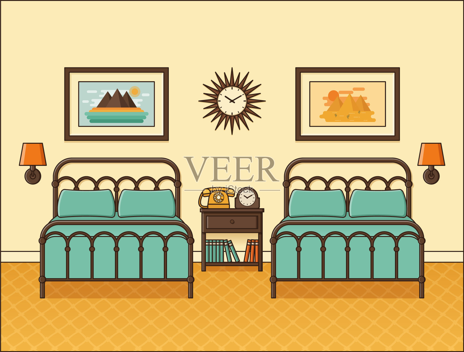 卧室复古的内部。酒店房间采用平面设计。矢量插图。插画图片素材