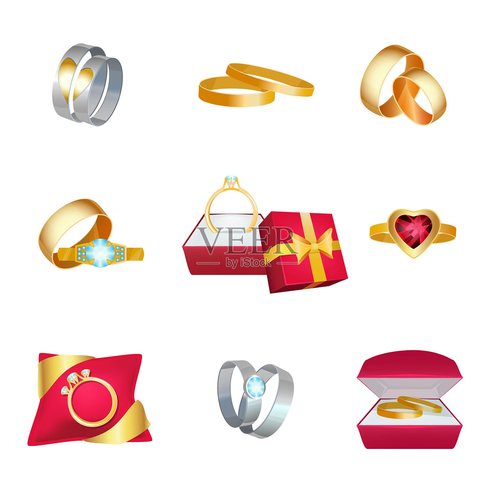 结婚戒指。婚姻象征金色珠宝盒与丝带矢量爱情婚礼卡通图标图标素材