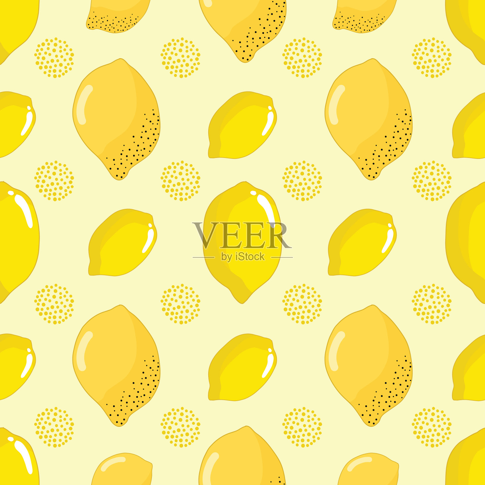 无缝模式与柠檬和点在黄色的背景插画图片素材